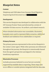A document titled Blueprint Notes describes context, development, primary persona, and illustrative processes, with key sections highlighted in yellow boxes for emphasis.