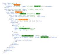 Screenshot of HTML code showing nested divs, articles, and buttons. Syntax highlighting displays various class names such as page-row, nte-card, content-cell, modal-trigger, and close_icon.