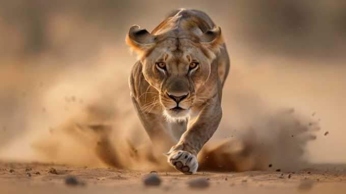 A lioness runs directly toward the camera, kicking up dust with intense focus in her eyes. The background is blurred, emphasizing her speed and power.