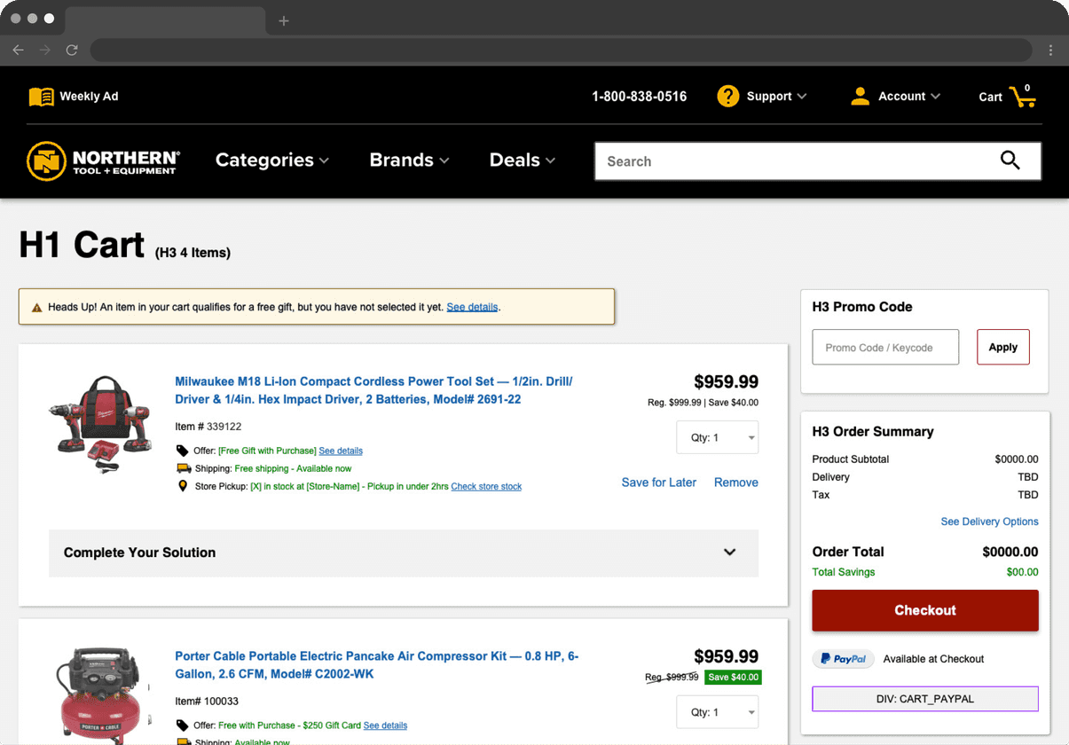 Screenshot of an online shopping cart page showing two power tools, shipping details, promo code box, and payment options with a total price of $1,919.98. The checkout and PayPal buttons are visible on the right.