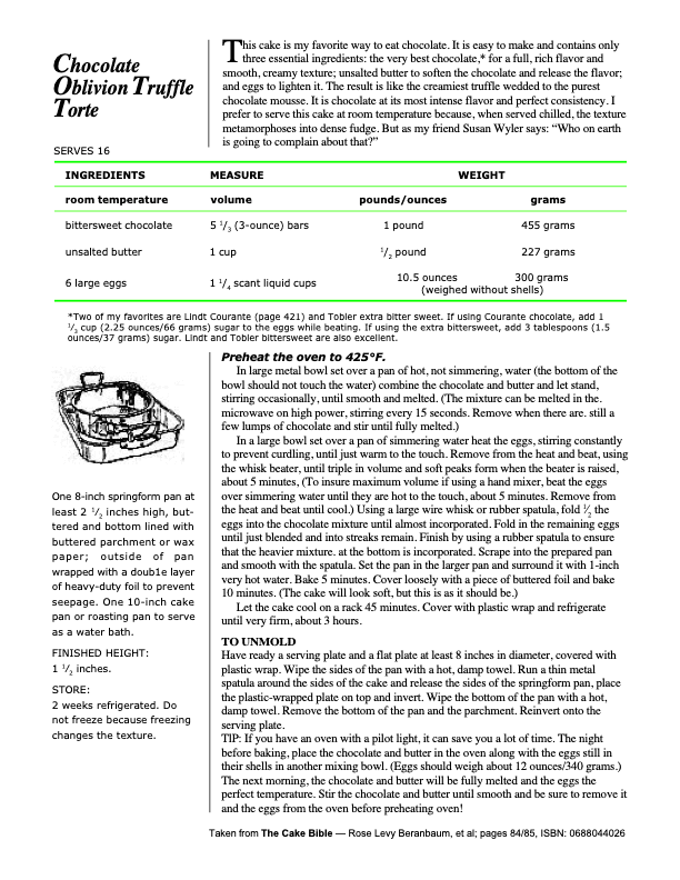 A recipe page for Chocolate Oblivion Truffle Torte from The Cake Bible, including ingredients, instructions, tips, and a small photo of the finished cake in a pan.