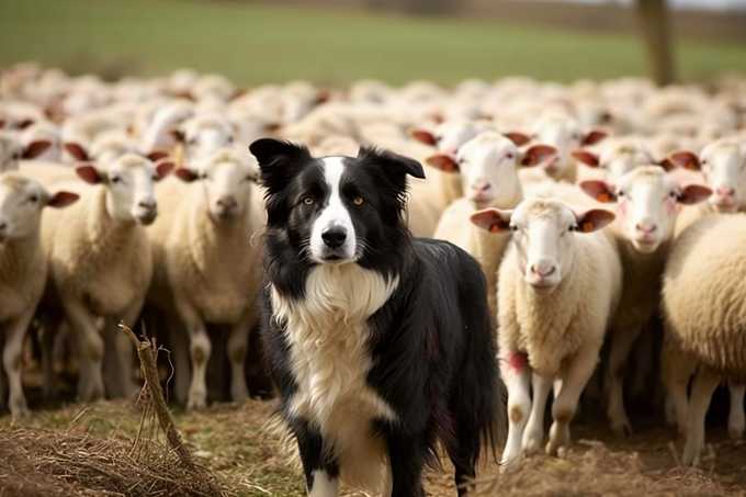 A black and white Border Collie stands alert in front of a flock of sheep in a field, with green grass and blurred landscape in the background.